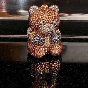 Vintage Judith Leiber Swarovski Crystal Teddy Bear Pillbox Ring Box Brown Gold